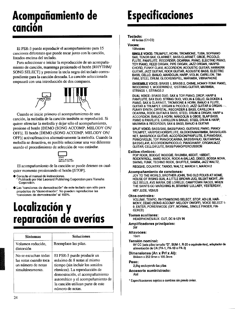 Acompañamiento de canción, Localización y reparación de averías, Especificaciones | Teclado, Voces, Estilos rítmicos, Acompañamiento de canciones, Tomas auxiliares, Amplificadores principales, Altavoces | Yamaha Portatone PSR-3 User Manual | Page 8 / 12