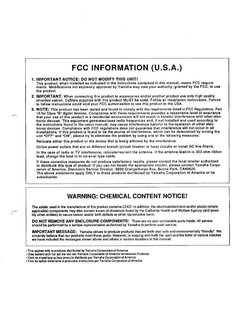 Important notice: do not modify this unit, Fcc information (u.s.a.), Warning: chemical content notice | Yamaha Portatone PSR-3 User Manual | Page 9 / 12