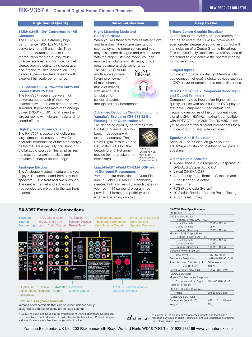 Rx-v357, Channel digital home cinema receiver, Rx-v357 extensive connections | Yamaha RX-V357 User Manual | Page 2 / 2