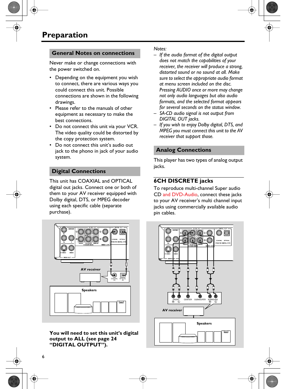 Preparation, 6ch discrete jacks, Analog connections | Yamaha DVD-C750 User Manual | Page 10 / 40