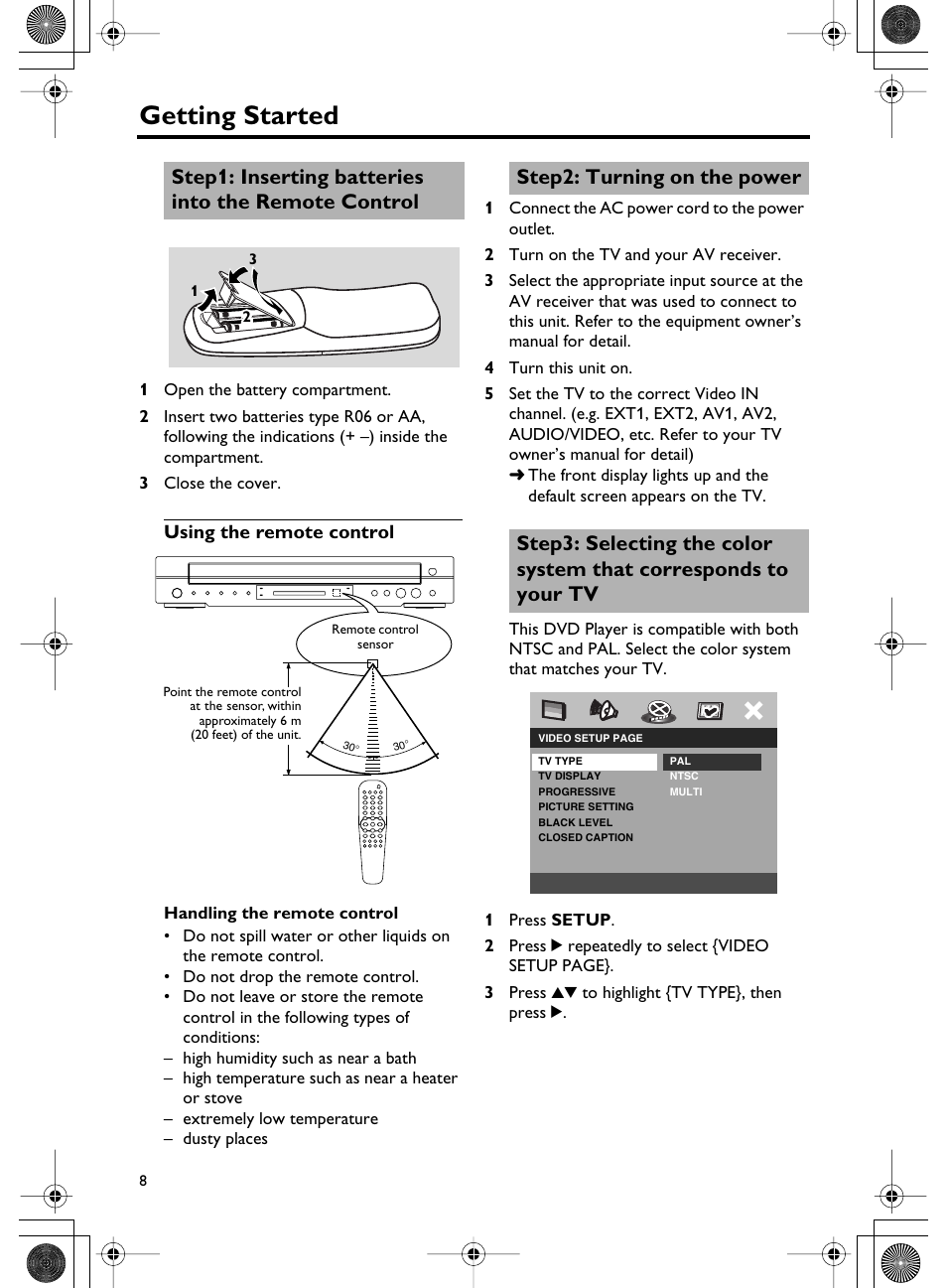 Getting started, Step1: inserting batteries into the remote control | Yamaha DVD-C750 User Manual | Page 12 / 40