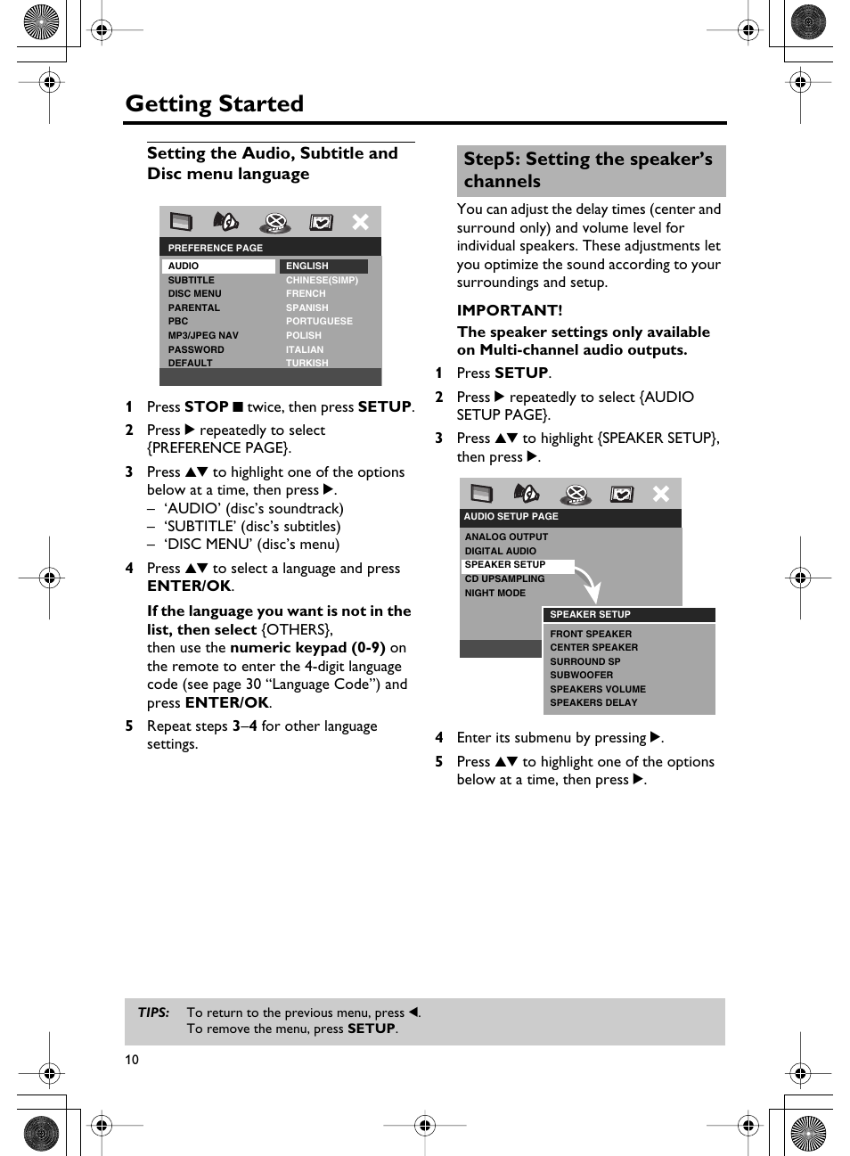 Getting started, Step5: setting the speaker’s channels | Yamaha DVD-C750 User Manual | Page 14 / 40
