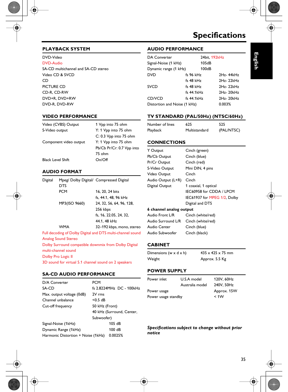 Specifications, English | Yamaha DVD-C750 User Manual | Page 39 / 40