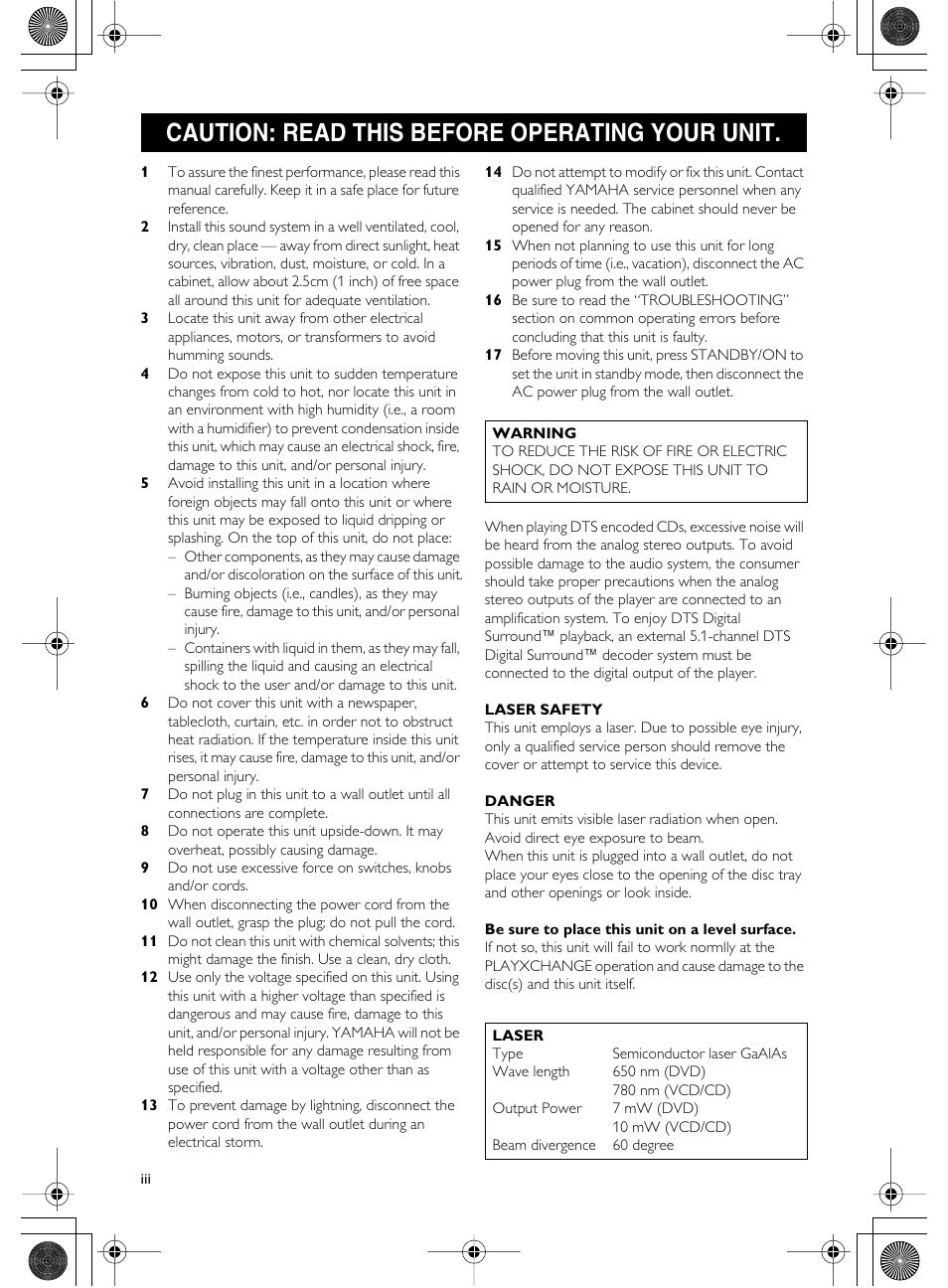 Caution: read this before operating your unit | Yamaha DVD-C750 User Manual | Page 4 / 40