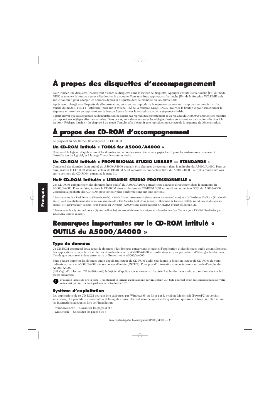 À propos des disquettes d’accompagnement, À propos des cd-rom d’accompagnement | Yamaha Floppy Disks A5000 User Manual | Page 12 / 24