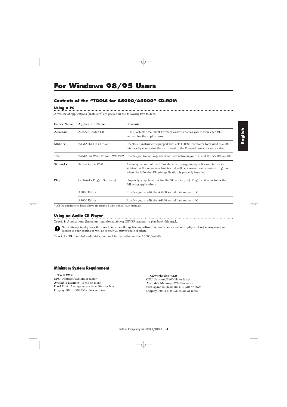 For windows 98/95 users | Yamaha Floppy Disks A5000 User Manual | Page 3 / 24