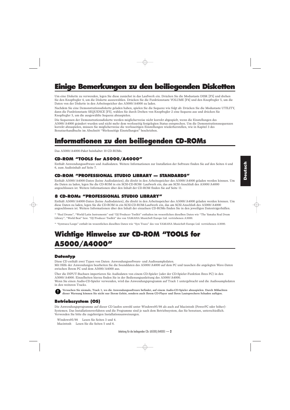 Einige bemerkungen zu den beiliegenden disketten, Informationen zu den beiliegenden cd-roms | Yamaha Floppy Disks A5000 User Manual | Page 7 / 24