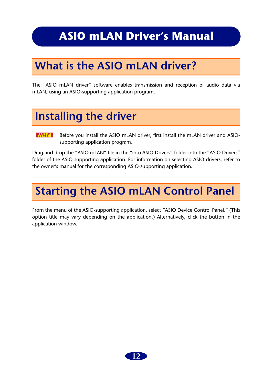 Asio mlan driver’s manual, What is the asio mlan driver, Installing the driver | Starting the asio mlan control panel | Yamaha mLAN Driver User Manual | Page 12 / 16