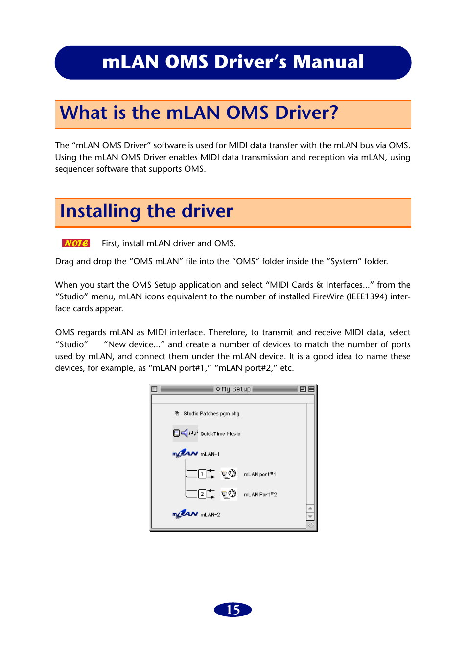 Mlan oms driver’s manual, What is the mlan oms driver, Installing the driver | What is the mlan oms driver? installing the driver | Yamaha mLAN Driver User Manual | Page 15 / 16