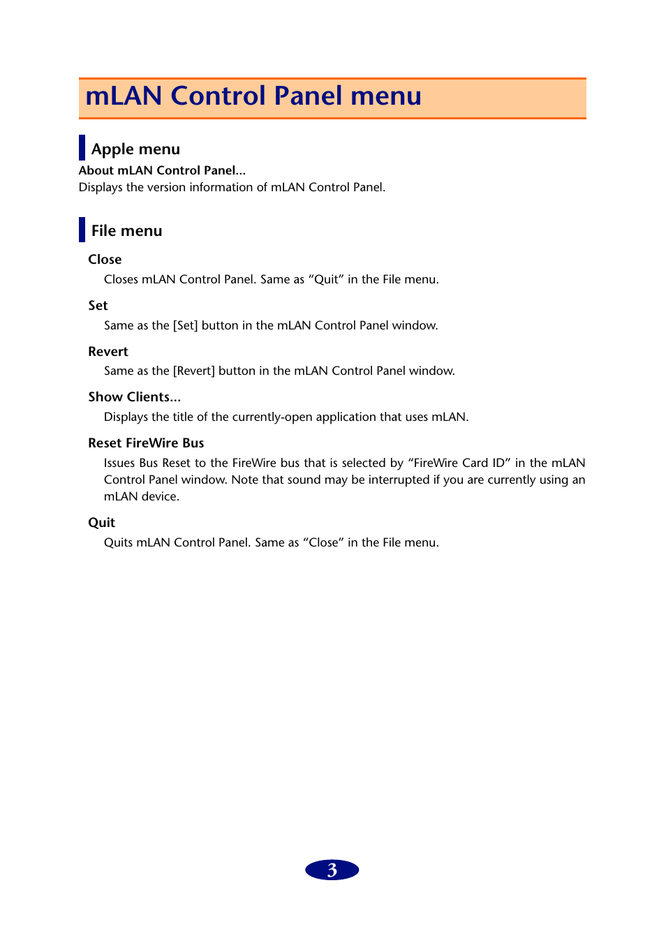 Mlan control panel menu, Apple menu, File menu | Yamaha mLAN Driver User Manual | Page 3 / 16