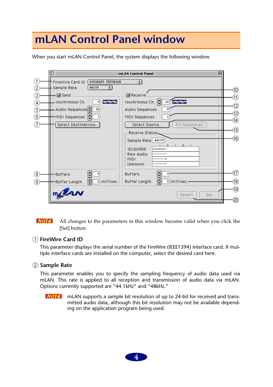 Mlan control panel window | Yamaha mLAN Driver User Manual | Page 4 / 16