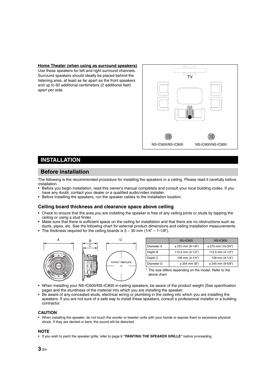 Installation before installation | Yamaha In-Ceiling Speaker NS-IC600/NS-IC800 User Manual | Page 4 / 8
