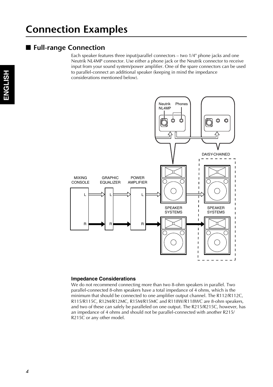 Connection examples, Full-range connection, Impedance considerations | English | Yamaha R112 User Manual | Page 4 / 9