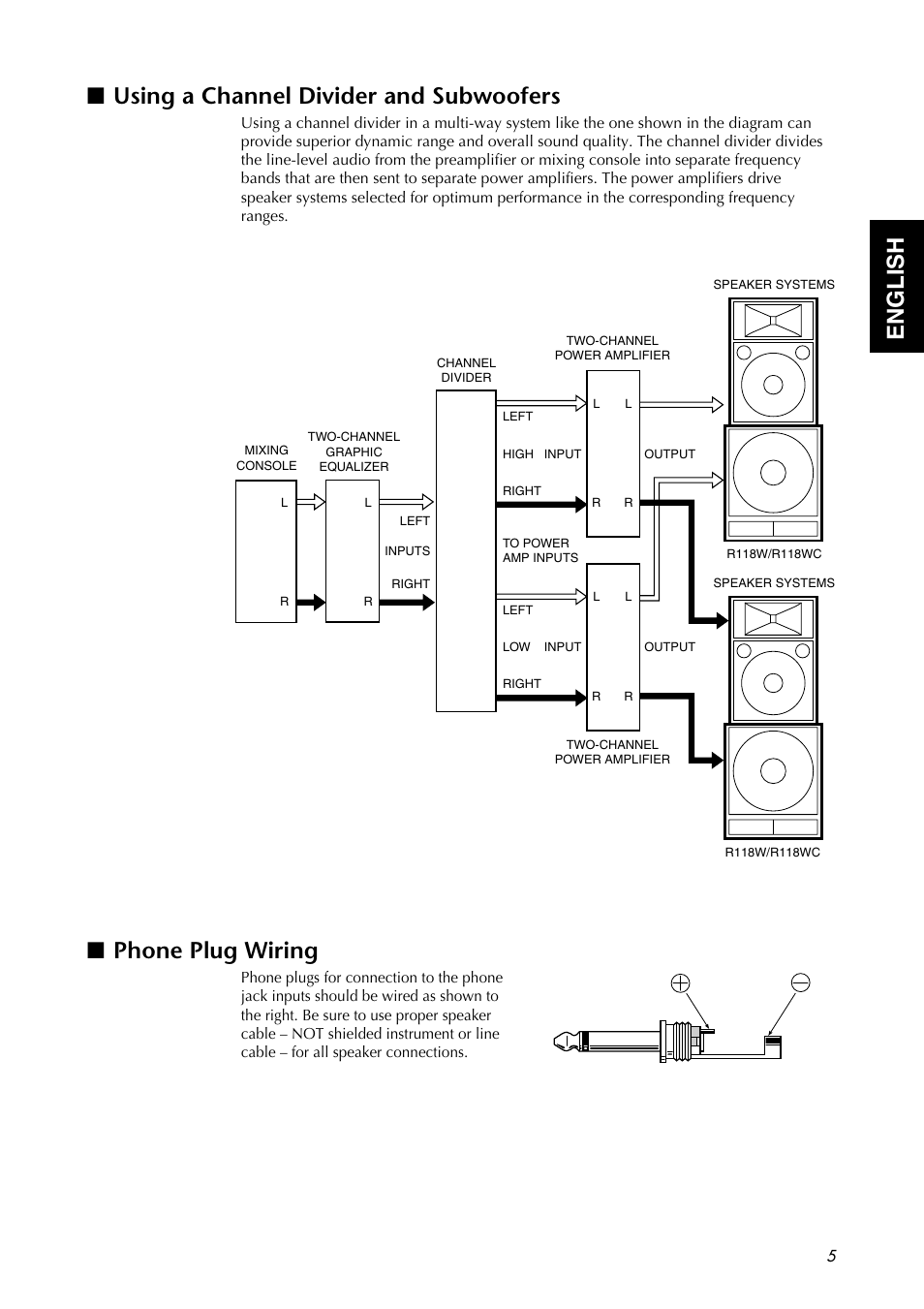 Using a channel divider and subwoofers, Phone plug wiring, English ■ using a channel divider and subwoofers | Yamaha R112 User Manual | Page 5 / 9