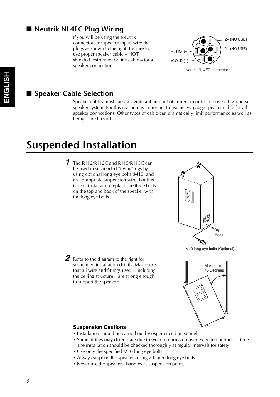 Neutrik nl4fc plug wiring, Speaker cable selection, Suspended installation | Suspension cautions, English ■ neutrik nl4fc plug wiring | Yamaha R112 User Manual | Page 6 / 9