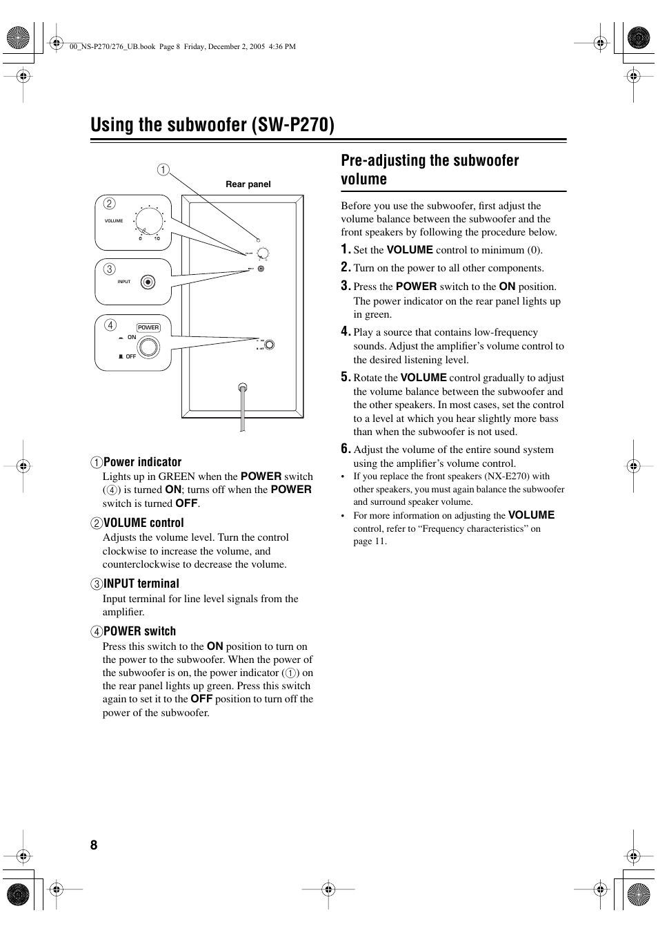 Using the subwoofer (sw-p270), Pre-adjusting the subwoofer volume | Yamaha NS-P276 User Manual | Page 12 / 16