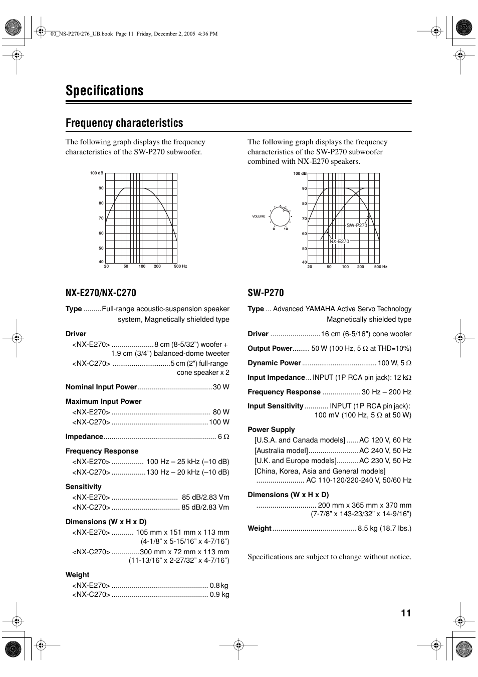 Specifications, Frequency characteristics, Sw-p270 | Yamaha NS-P276 User Manual | Page 15 / 16