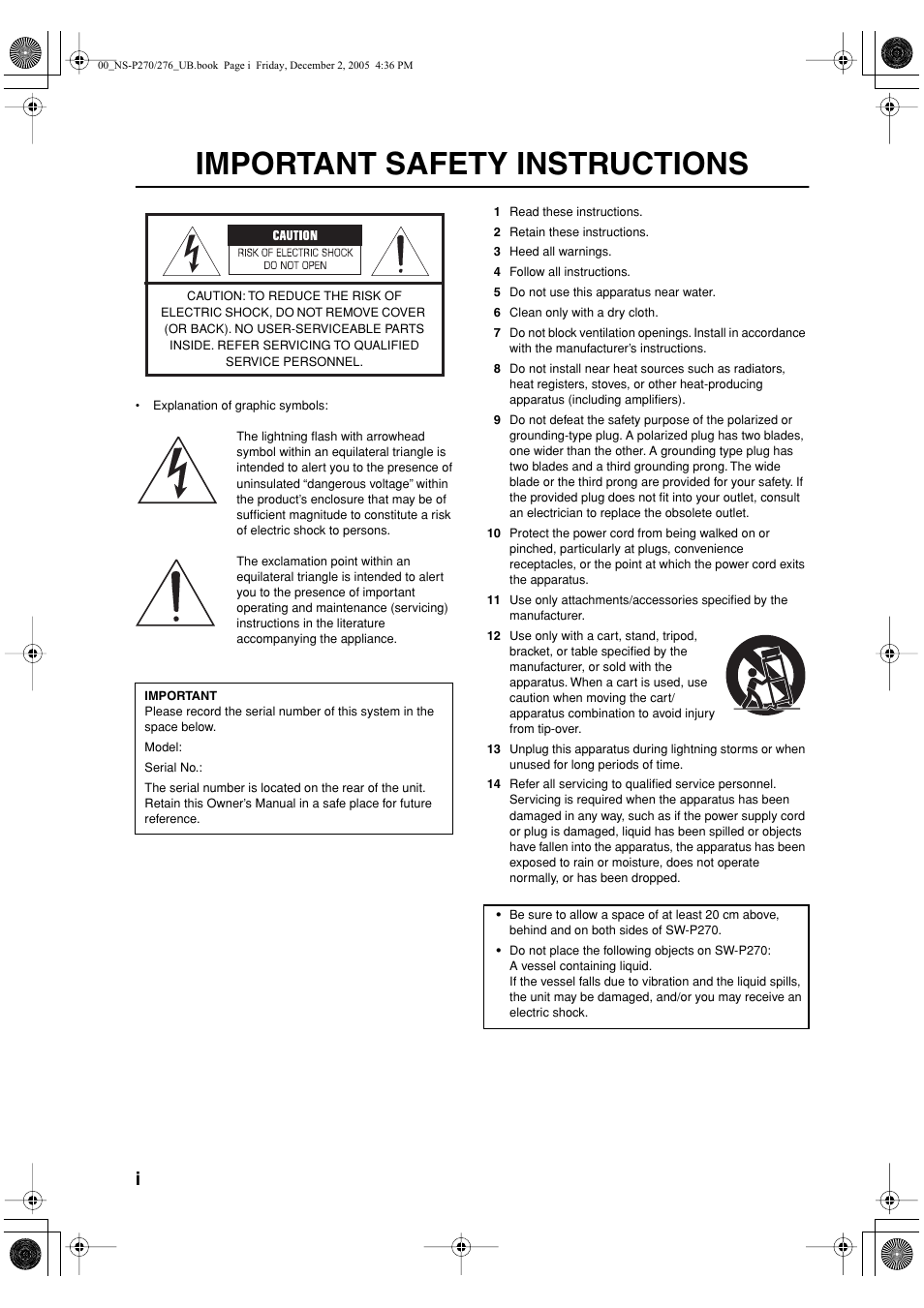 Important safety instructions | Yamaha NS-P276 User Manual | Page 2 / 16