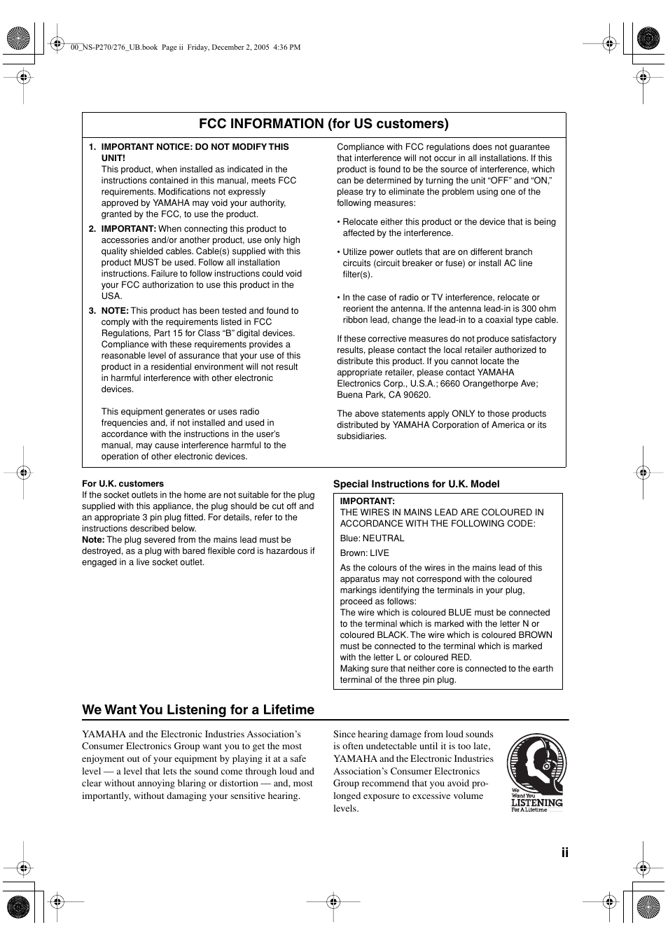 We want you listening for a lifetime, Fcc information (for us customers) | Yamaha NS-P276 User Manual | Page 3 / 16