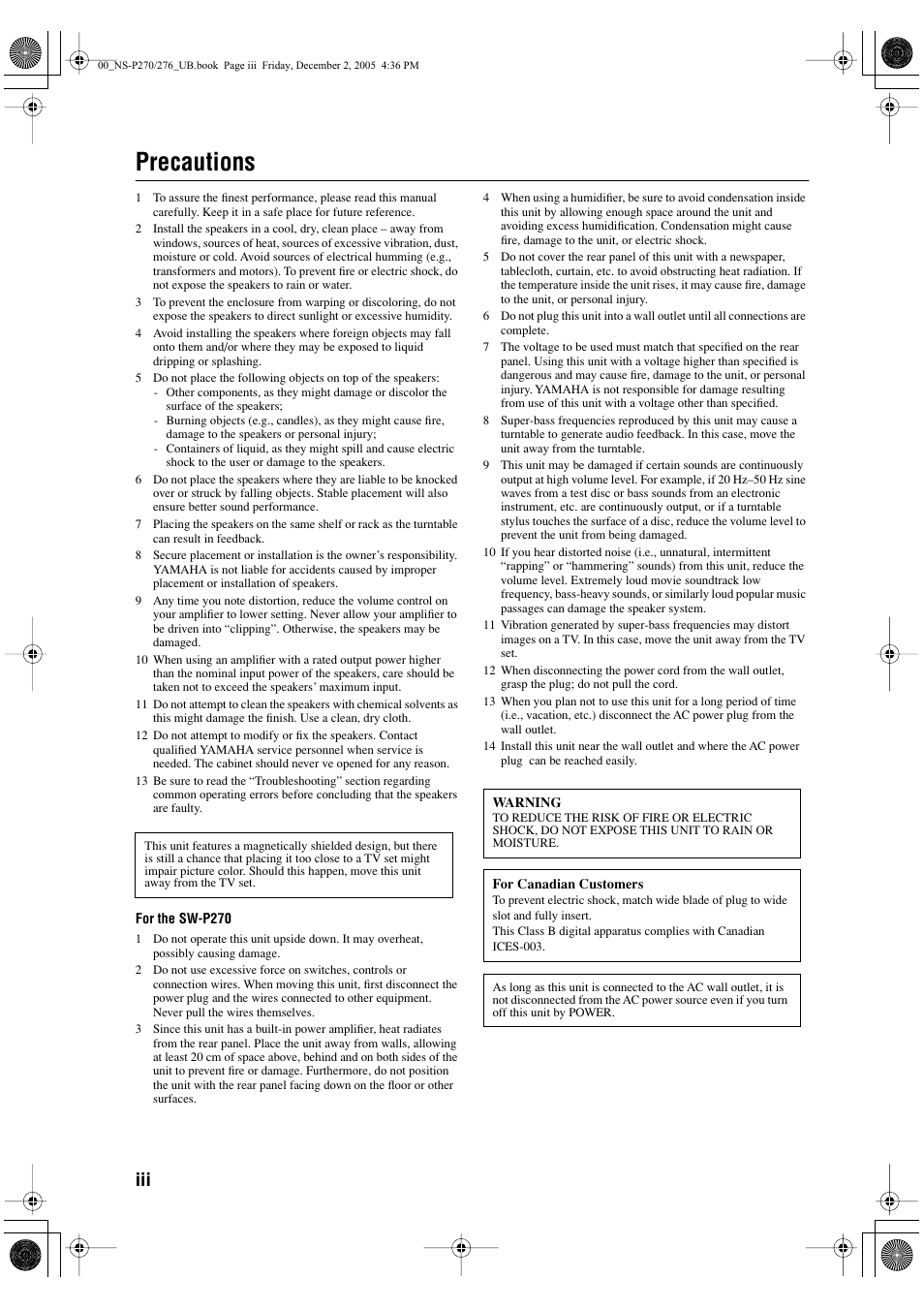 Precautions | Yamaha NS-P276 User Manual | Page 4 / 16