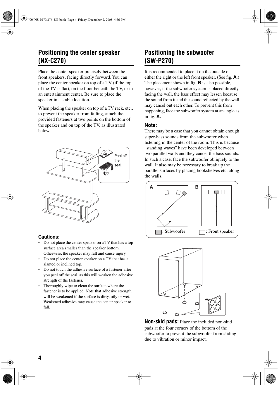 Positioning the center speaker (nx-c270), Positioning the subwoofer (sw-p270) | Yamaha NS-P276 User Manual | Page 8 / 16