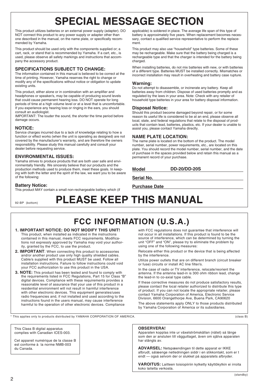 Please keep this manual, Fcc information (u.s.a.) | Yamaha DD-20S User Manual | Page 2 / 15