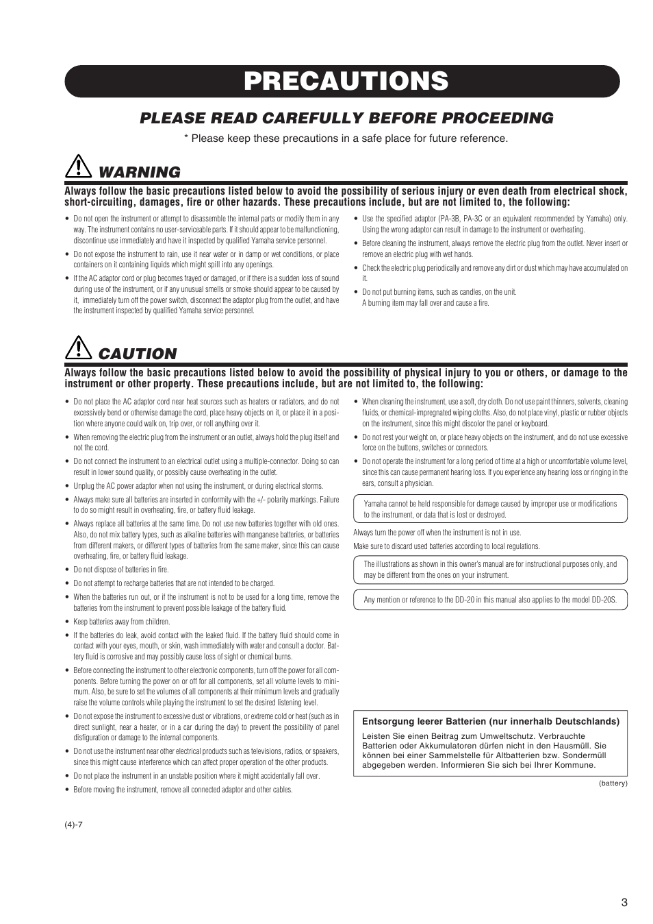 Precautions, Please read carefully before proceeding, Caution | Warning | Yamaha DD-20S User Manual | Page 3 / 15