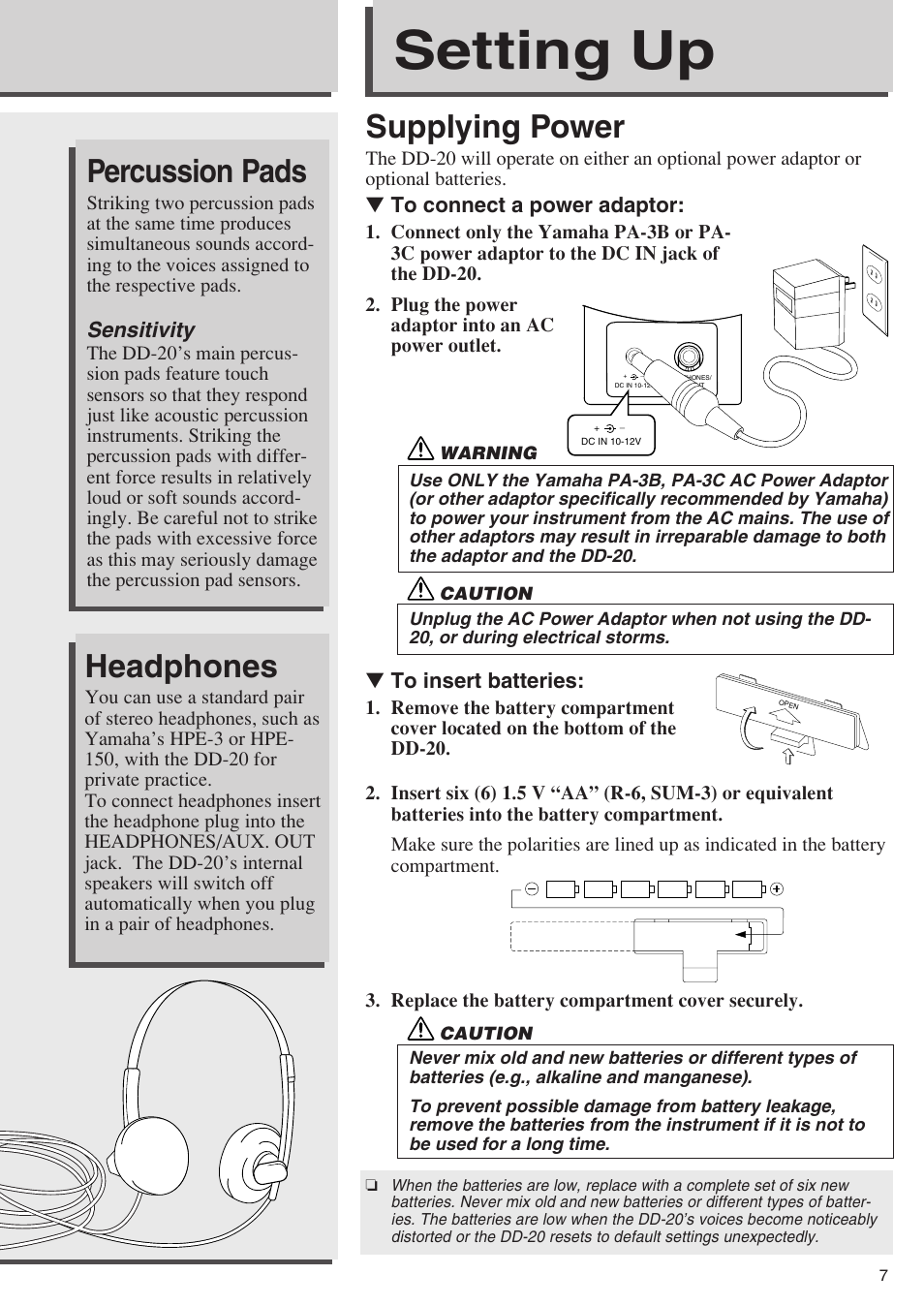 Setting up, Supplying power, Headphones | Percussion pads, Sensitivity | Yamaha DD-20S User Manual | Page 7 / 15