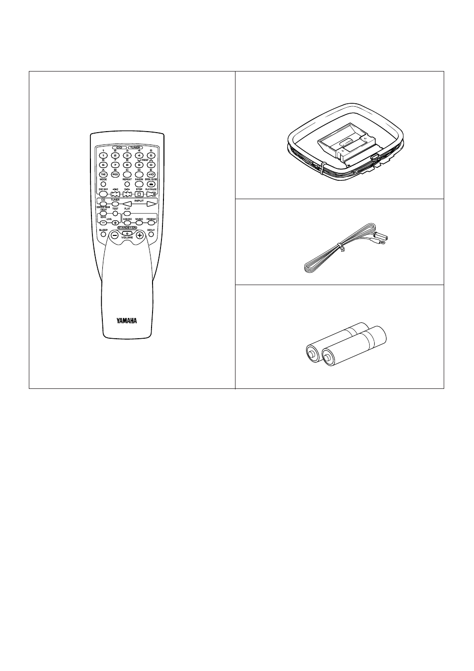 Supplied accessories, Accesorios incluidos, Remote control transmitter | Transmisor del control remoto, Am loop antenna, Antena de cuadro am, Indoor fm antenna, Antena interior de fm, Batteries (size aa, um/sum-3, r6, hp-7), Pilas (tamaño aa, tipo um/sum-3, r6, hp-7) | Yamaha EMX120CD User Manual | Page 2 / 53