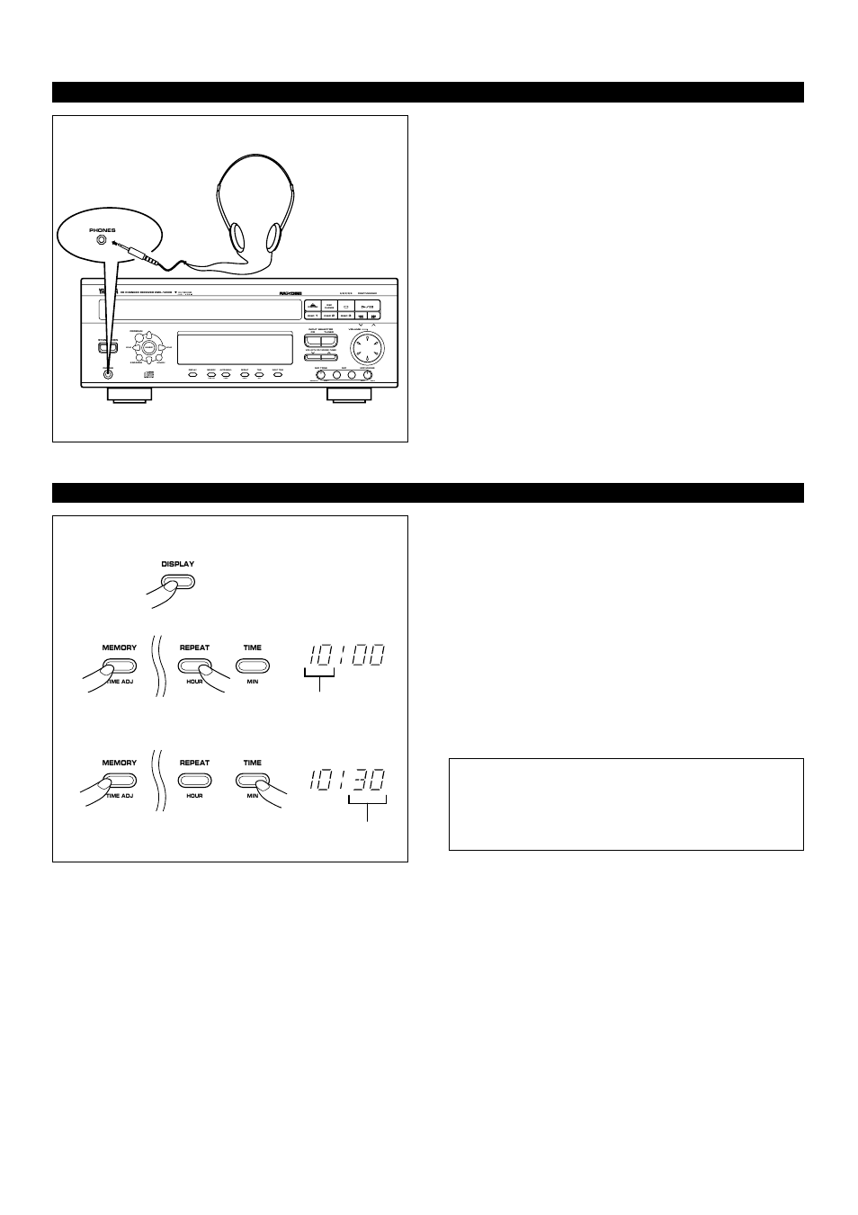 Adjustments, Listening with headphones, Setting the clock 1 | E-14 starting the operation of this unit, Time adj timer hour min, Soft normal max min, Changes | Yamaha EMX120CD User Manual | Page 22 / 53