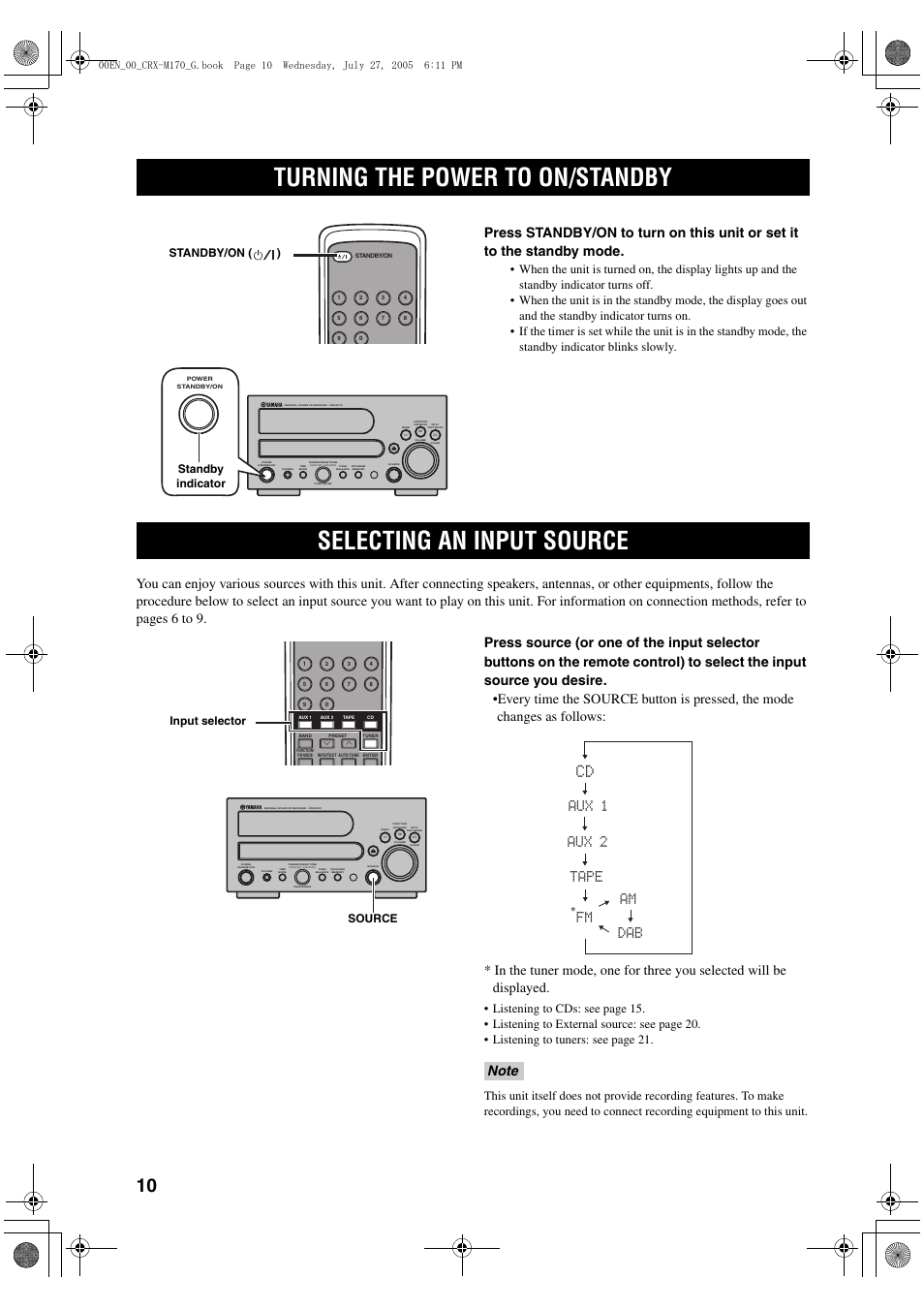 Basic operation, Turning the power to on/standby, Selecting an input source | Am dab, Standby/on ( ), Standby indicator, Input selector, Source | Yamaha M170 User Manual | Page 12 / 40