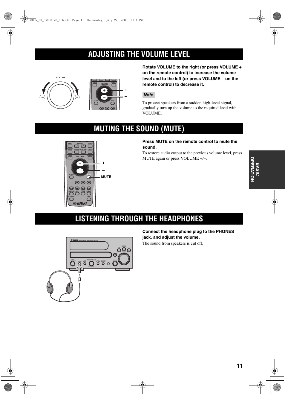 Adjusting the volume level, Muting the sound (mute), Listening through the headphones | Mute | Yamaha M170 User Manual | Page 13 / 40