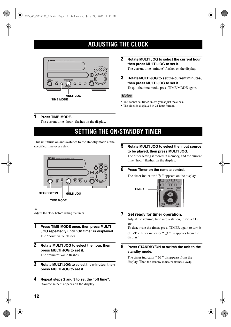 Adjusting the clock, Setting the on/standby timer, Get ready for timer operation | Adjust the clock before setting the timer, The standby indicator flashes slowly, Multi jog, Time mode multi jog, Multi jog standby/on time mode, Timer | Yamaha M170 User Manual | Page 14 / 40