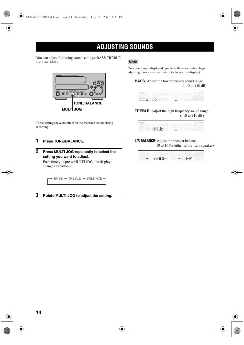 Adjusting sounds, Press tone/balance, Rotate multi jog to adjust the setting | Yamaha M170 User Manual | Page 16 / 40