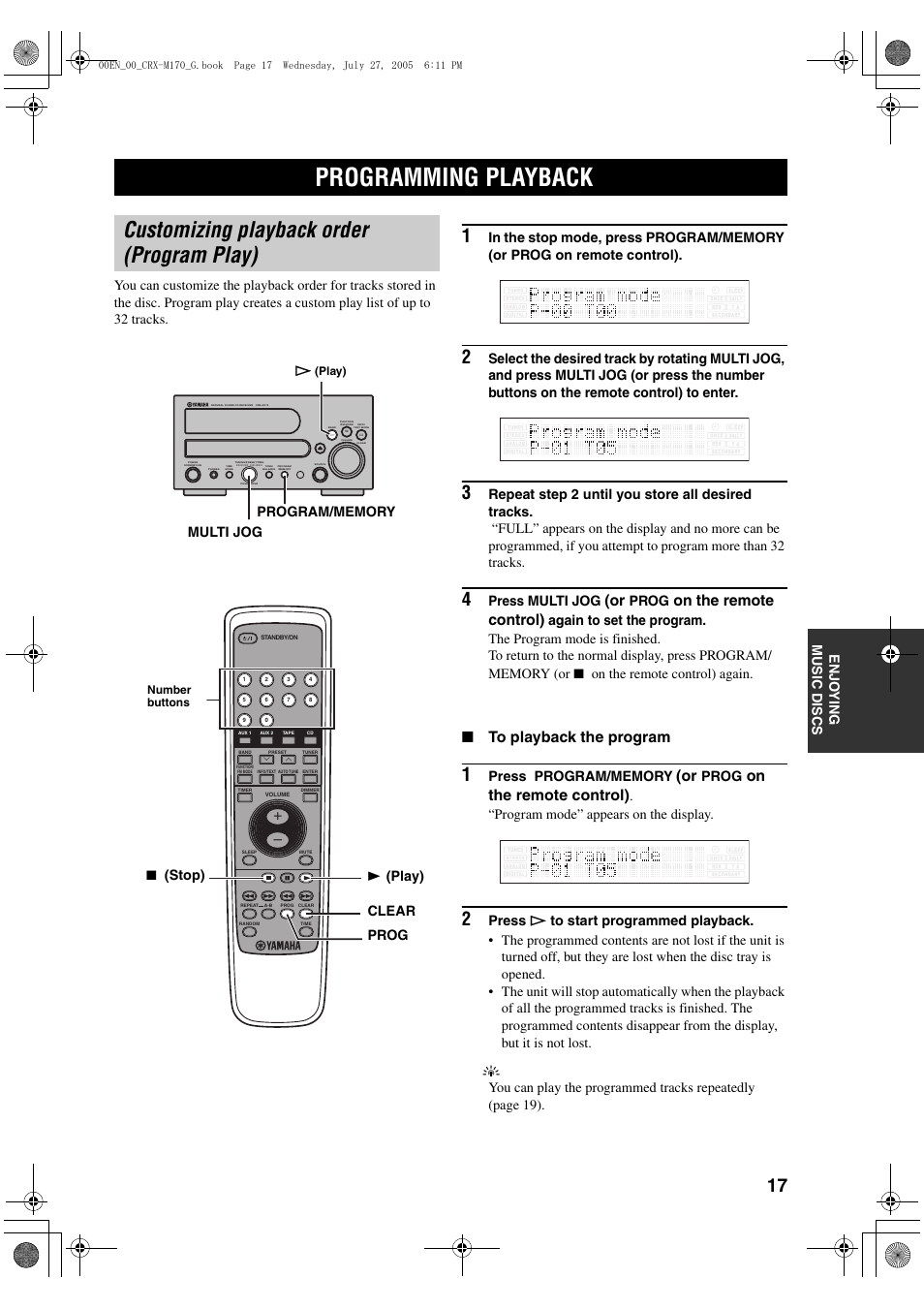 Programming playback, Customizing playback order (program play), On the remote control) | Press multi jog, Prog, On the remote control) again, Program mode” appears on the display, Press, Prog clear, Stop) | Yamaha M170 User Manual | Page 19 / 40