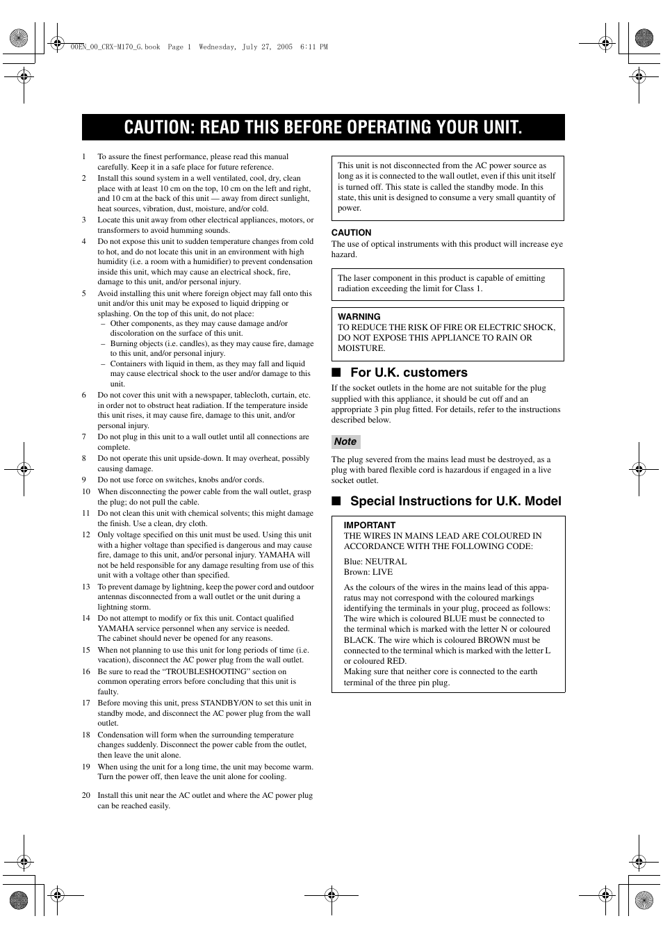 Caution: read this before operating your unit, For u.k. customers, Special instructions for u.k. model | Yamaha M170 User Manual | Page 2 / 40