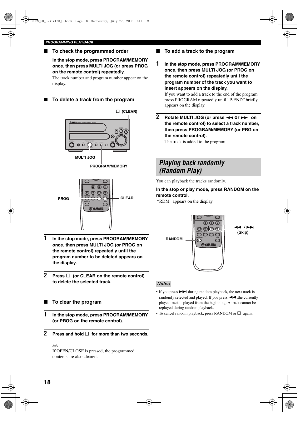 Playing back randomly (random play), Press, Press and hold | Rotate multi jog (or press 4 | Yamaha M170 User Manual | Page 20 / 40