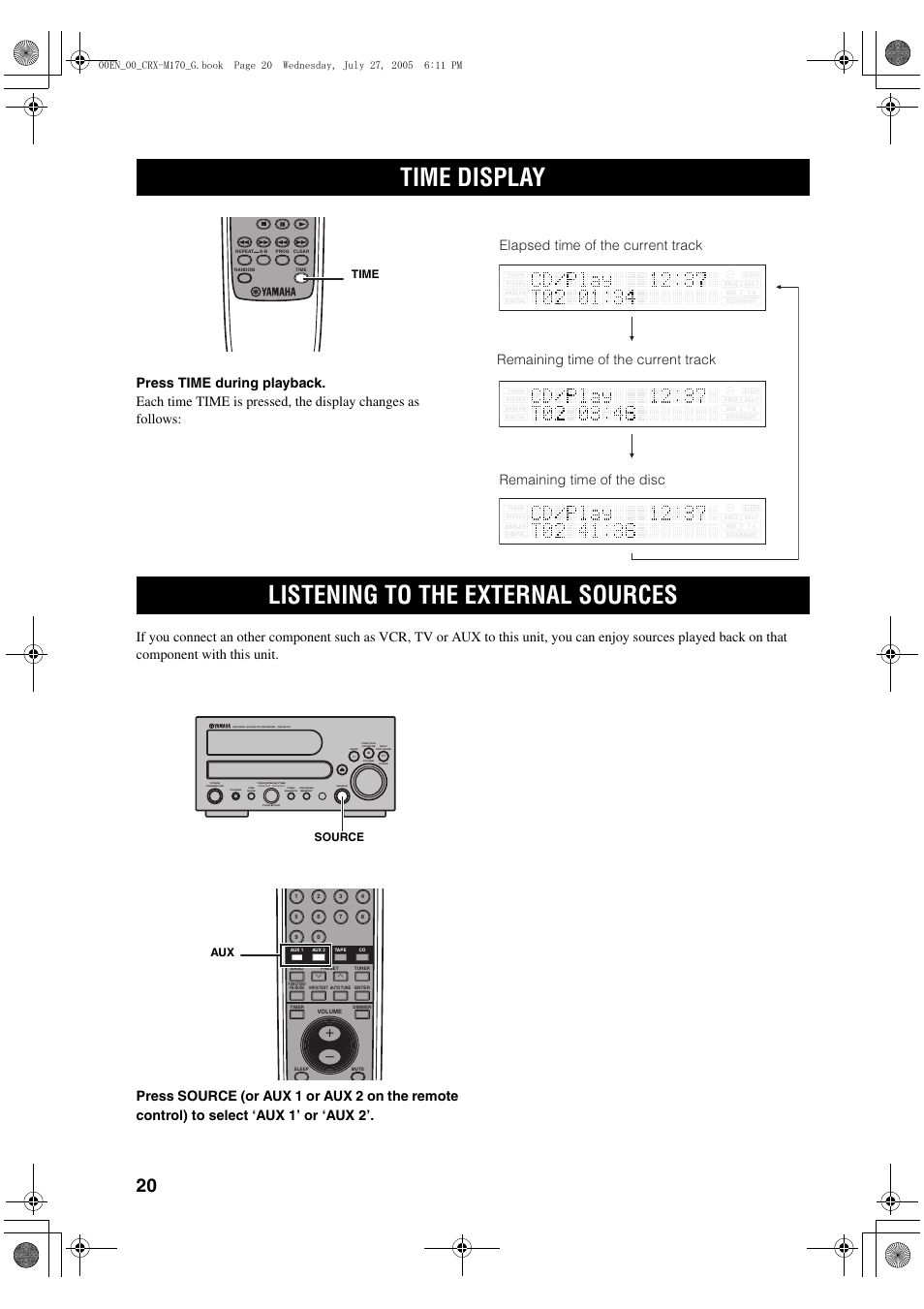 Time display, Listening to the external sources, Time | Source | Yamaha M170 User Manual | Page 22 / 40