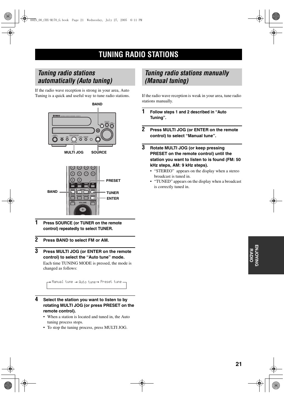 Enjoying radio, Tuning radio stations, Tuning radio stations automatically (auto tuning) | Tuning radio stations manually (manual tuning), Press band to select fm or am, Follow steps 1 and 2 described in “auto tuning | Yamaha M170 User Manual | Page 23 / 40