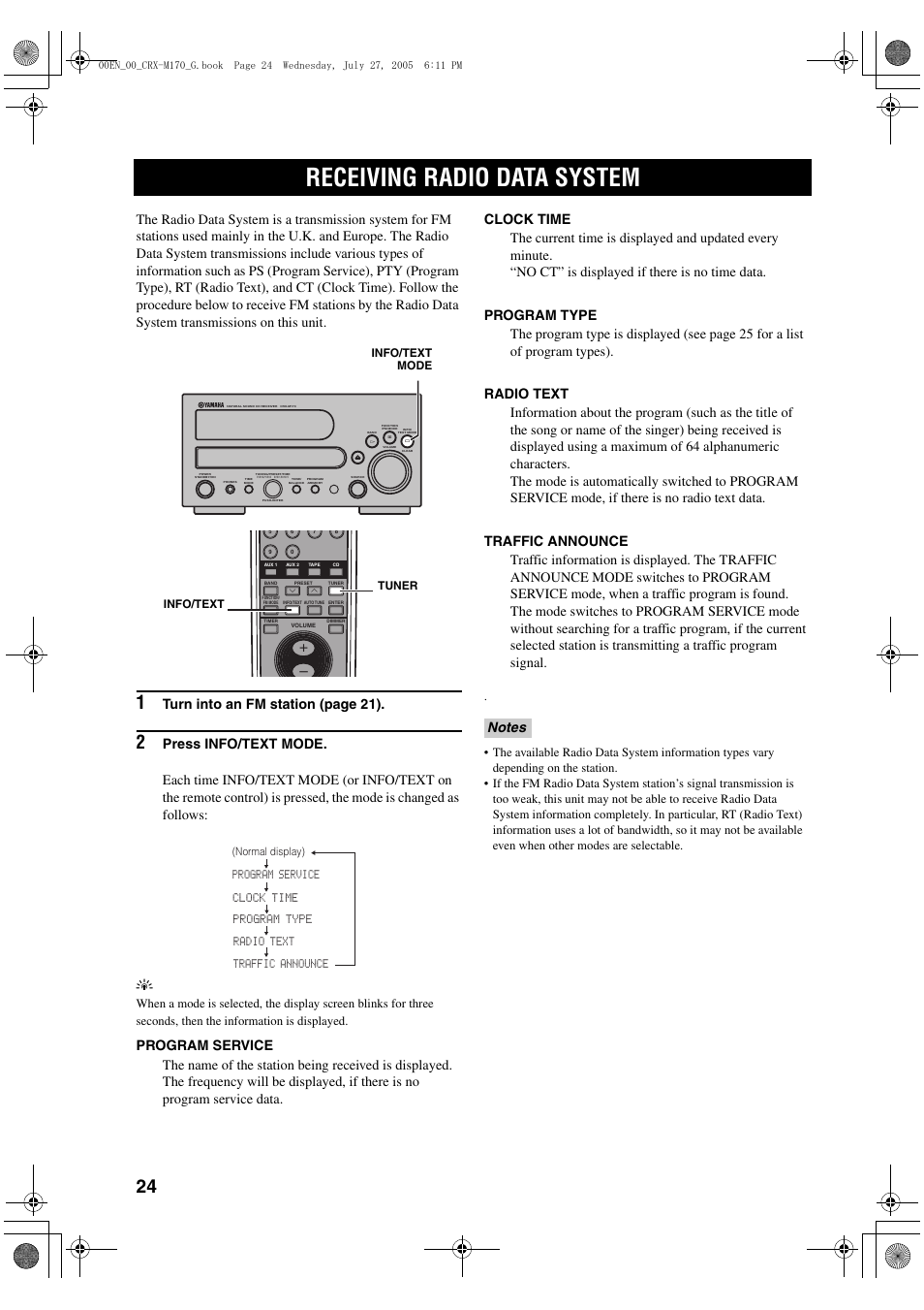 Receiving radio data system, Turn into an fm station (page 21), Info/text mode | Tuner info/text | Yamaha M170 User Manual | Page 26 / 40