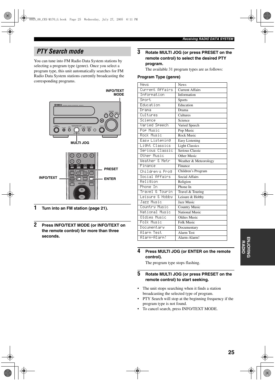 Pty search mode, Turn into an fm station (page 21) | Yamaha M170 User Manual | Page 27 / 40