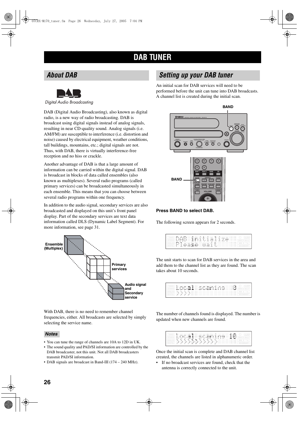 Dab tuner, About dab, Setting up your dab tuner | Band | Yamaha M170 User Manual | Page 28 / 40