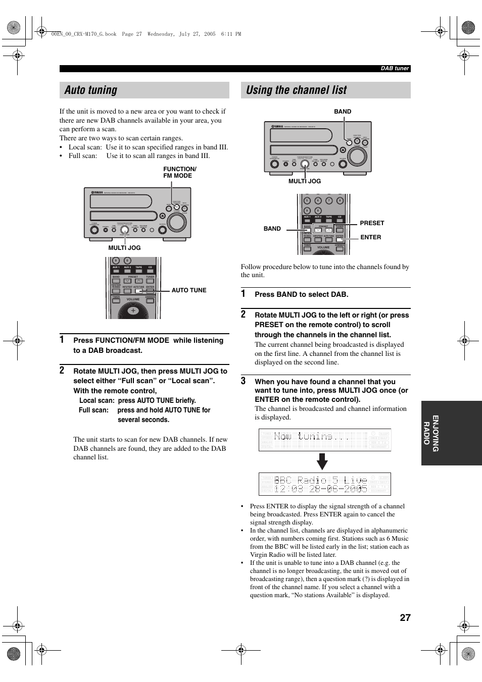 Auto tuning, Using the channel list, Press band to select dab | Multi jog function/ fm mode, Auto tune, Multi jog band, Band preset enter, Dab tuner | Yamaha M170 User Manual | Page 29 / 40