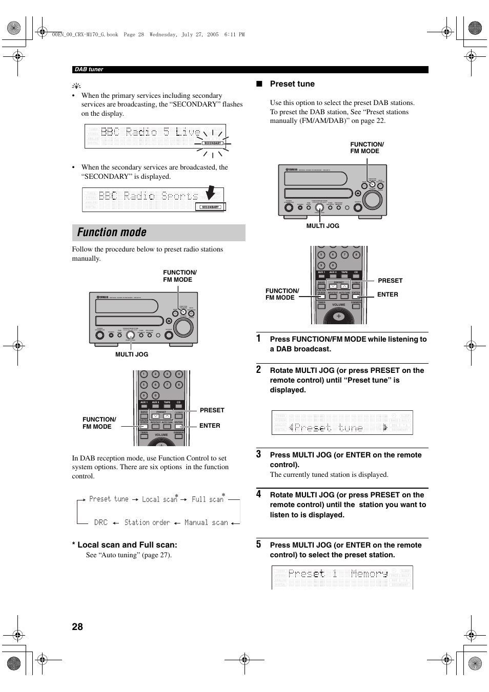 Function mode, Local scan and full scan, Preset tune | See “auto tuning” (page 27), Multi jog function/ fm mode, Function/ fm mode preset enter, Dab tuner | Yamaha M170 User Manual | Page 30 / 40