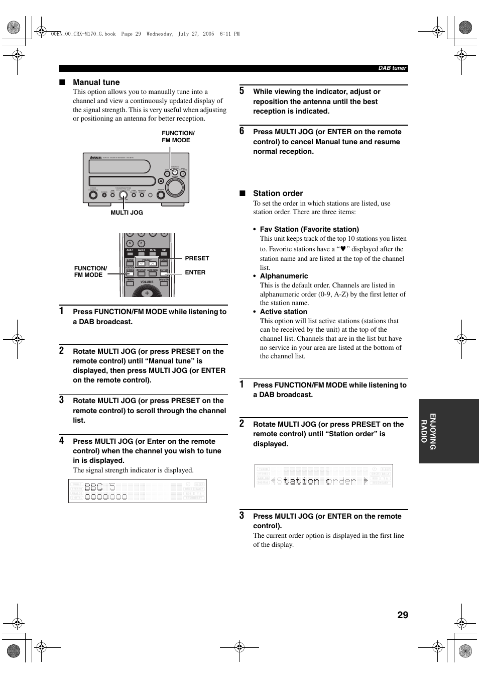 Manual tune, Station order, Enjo y ing radio | Yamaha M170 User Manual | Page 31 / 40