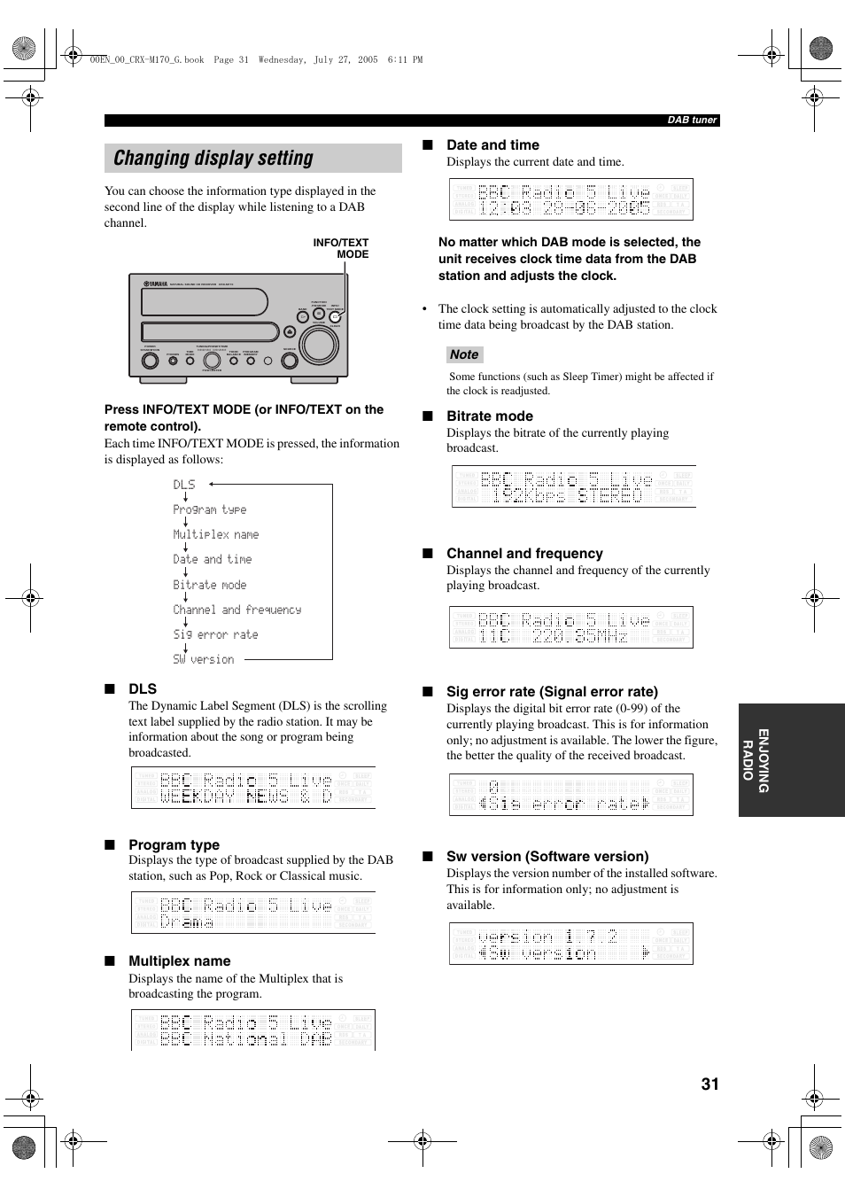 Changing display setting, Program type, Multiplex name | Date and time, Bitrate mode, Channel and frequency, Sig error rate (signal error rate), Sw version (software version) | Yamaha M170 User Manual | Page 33 / 40