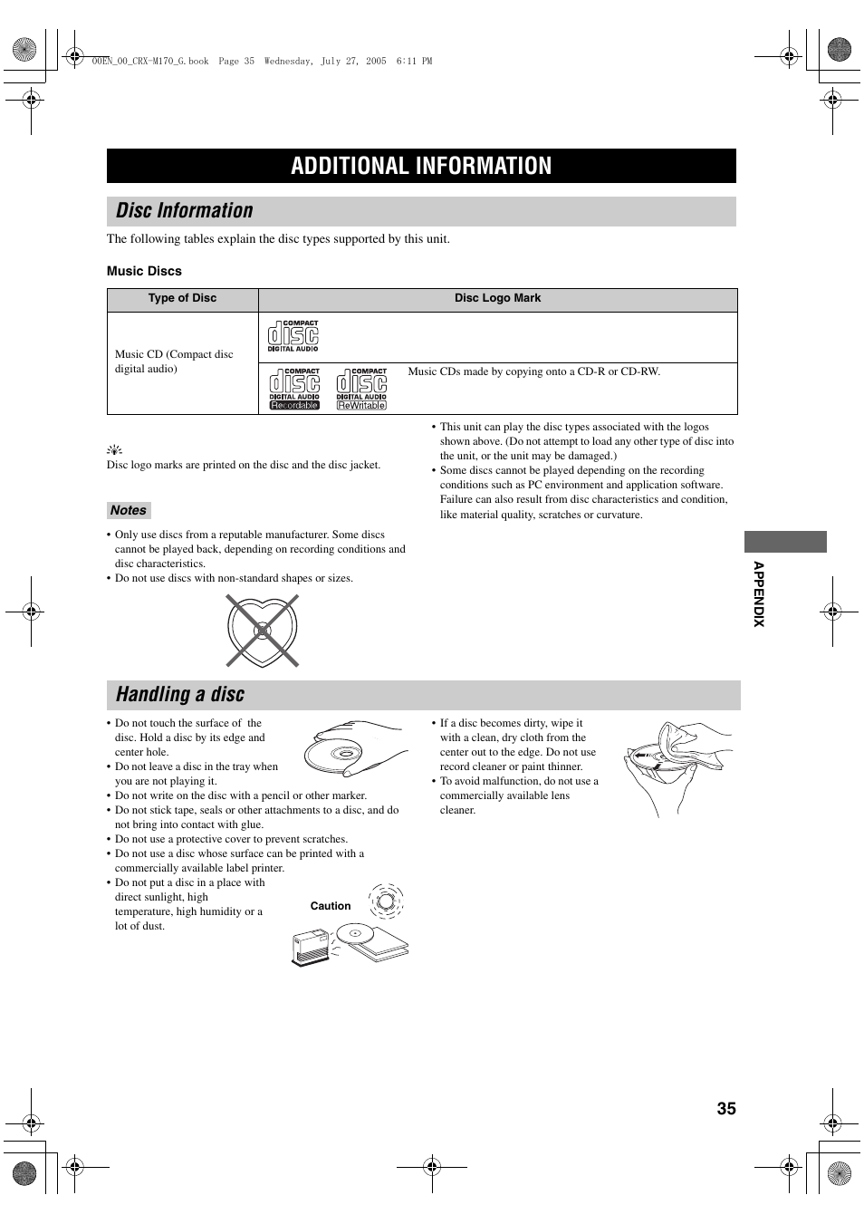 Additional information, Disc information, Handling a disc | Yamaha M170 User Manual | Page 37 / 40