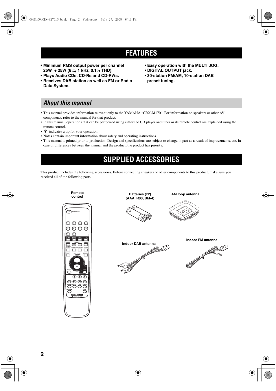 Introduction, Features, About this manual | Supplied accessories | Yamaha M170 User Manual | Page 4 / 40