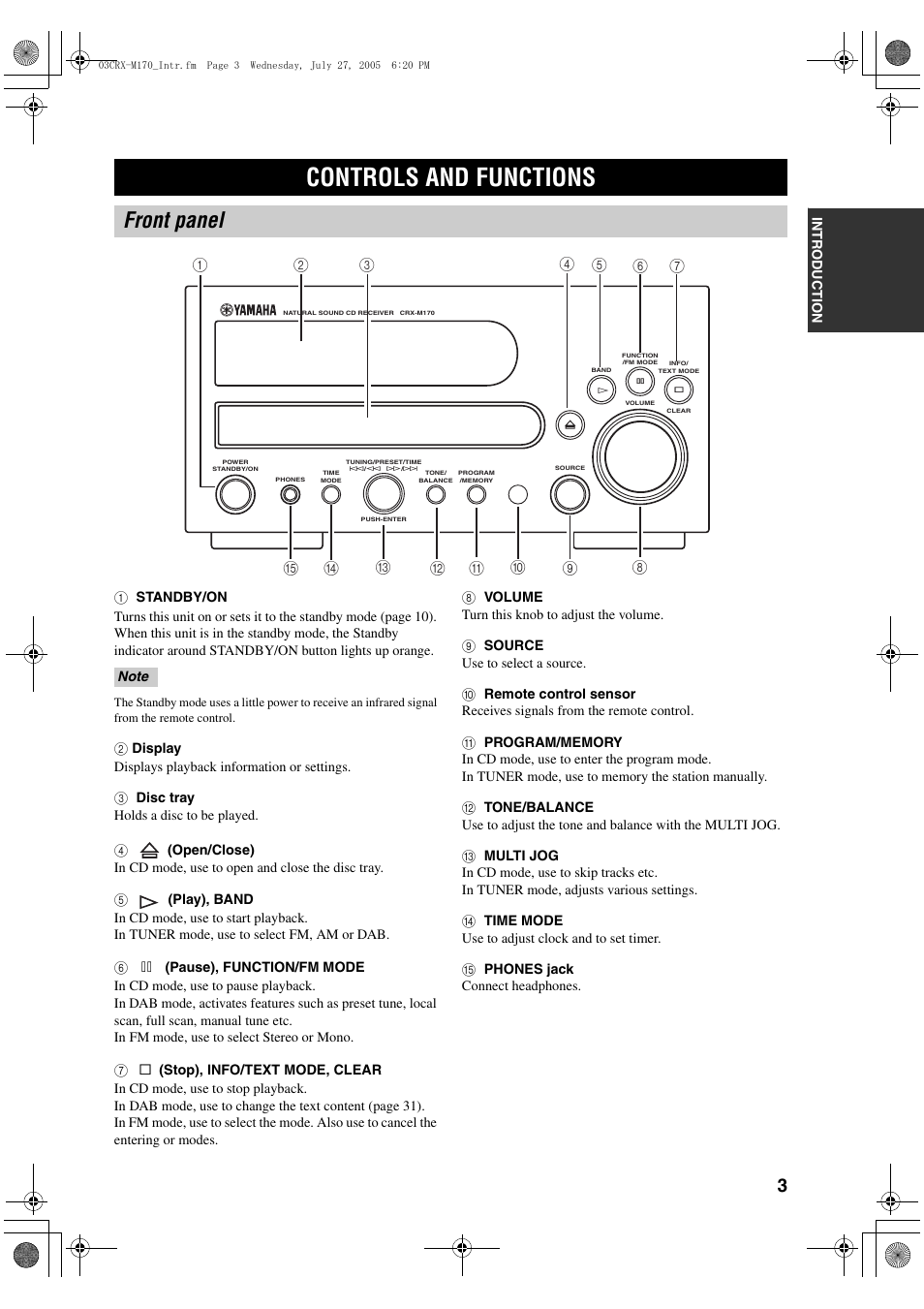 Controls and functions, Front panel | Yamaha M170 User Manual | Page 5 / 40