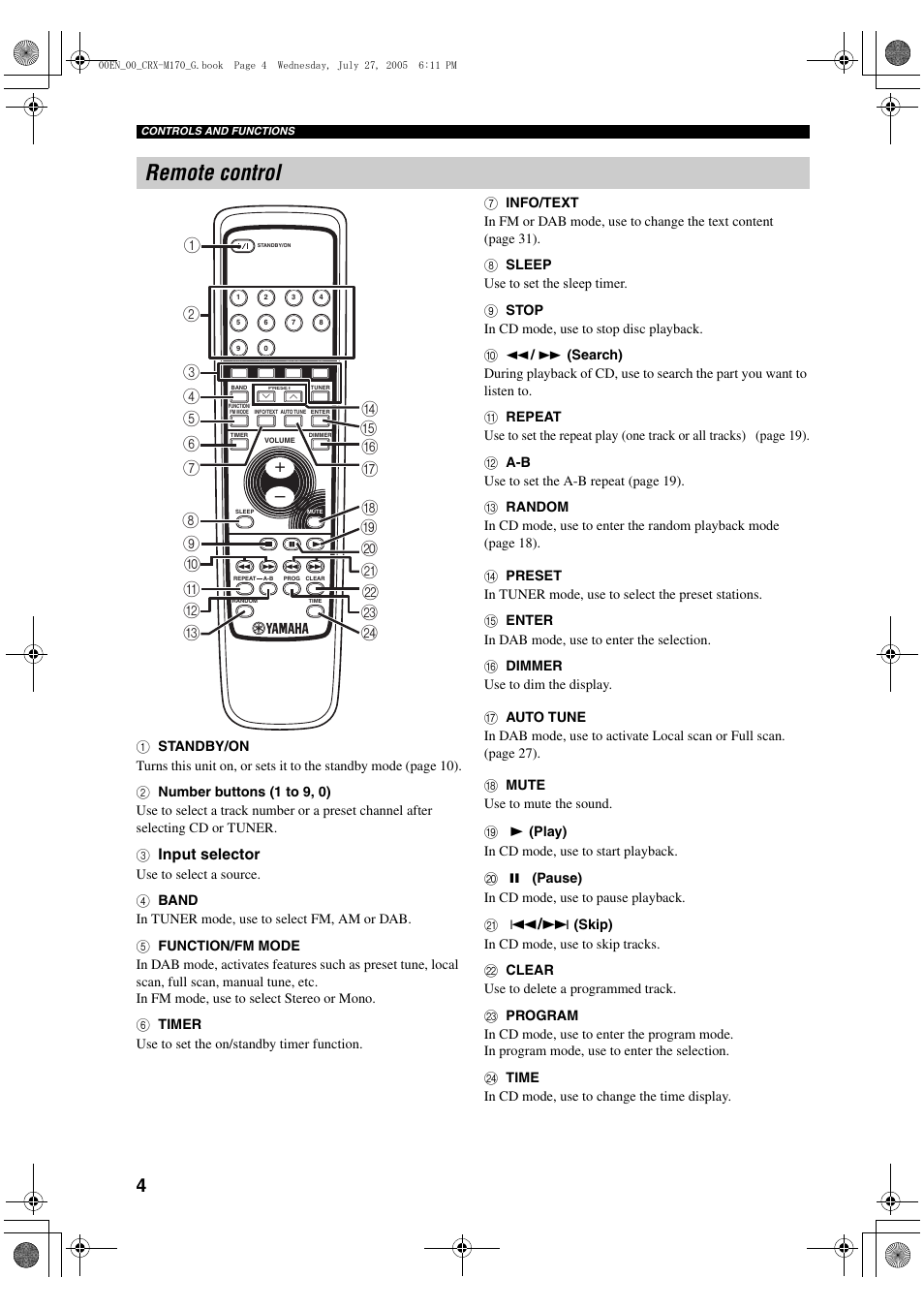 Remote control | Yamaha M170 User Manual | Page 6 / 40